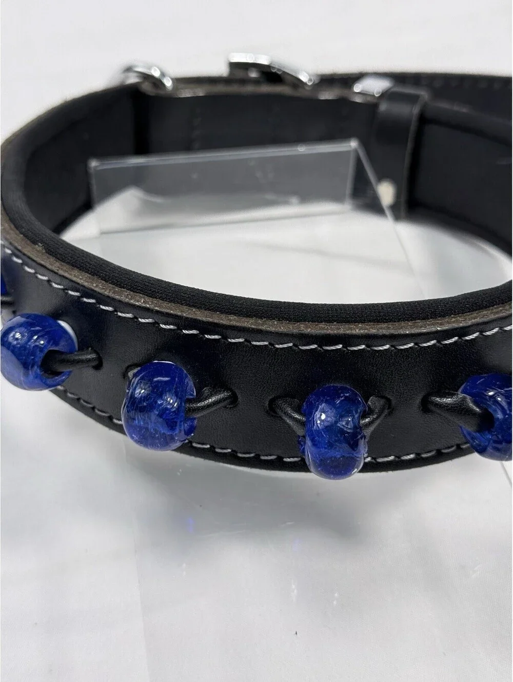 Leather Dog Collar Top Quality Padded Neck W/ Blue White Round Beaded Look